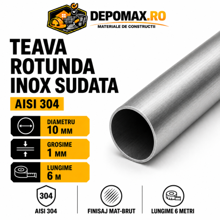 Teava rotunda inox sudata AISI 304, 10 x 1 mm, 6 metri